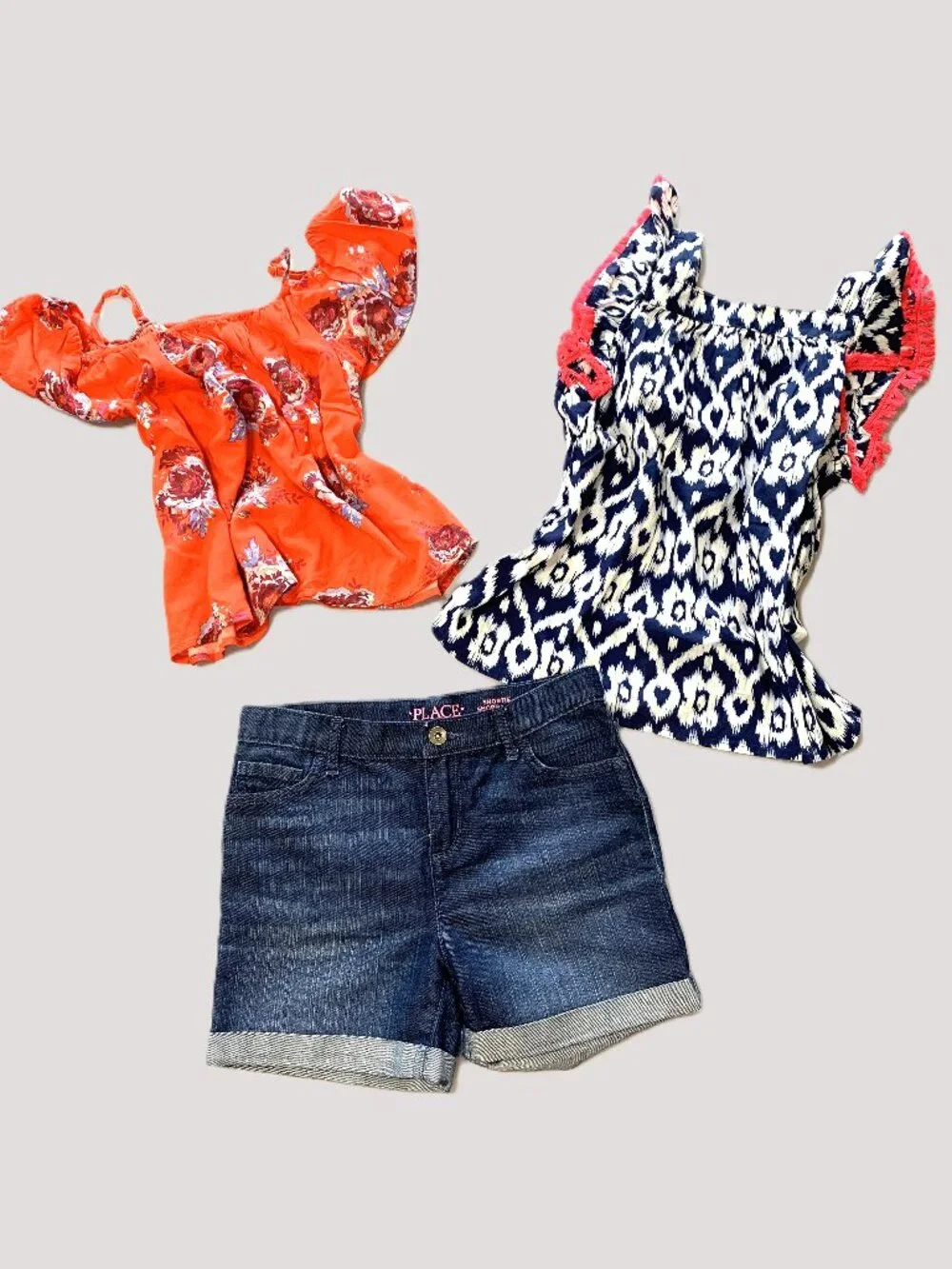 3 Piece Girl Bundle Like New Children's Place Shorts Off Shoulder Shirts Size 14